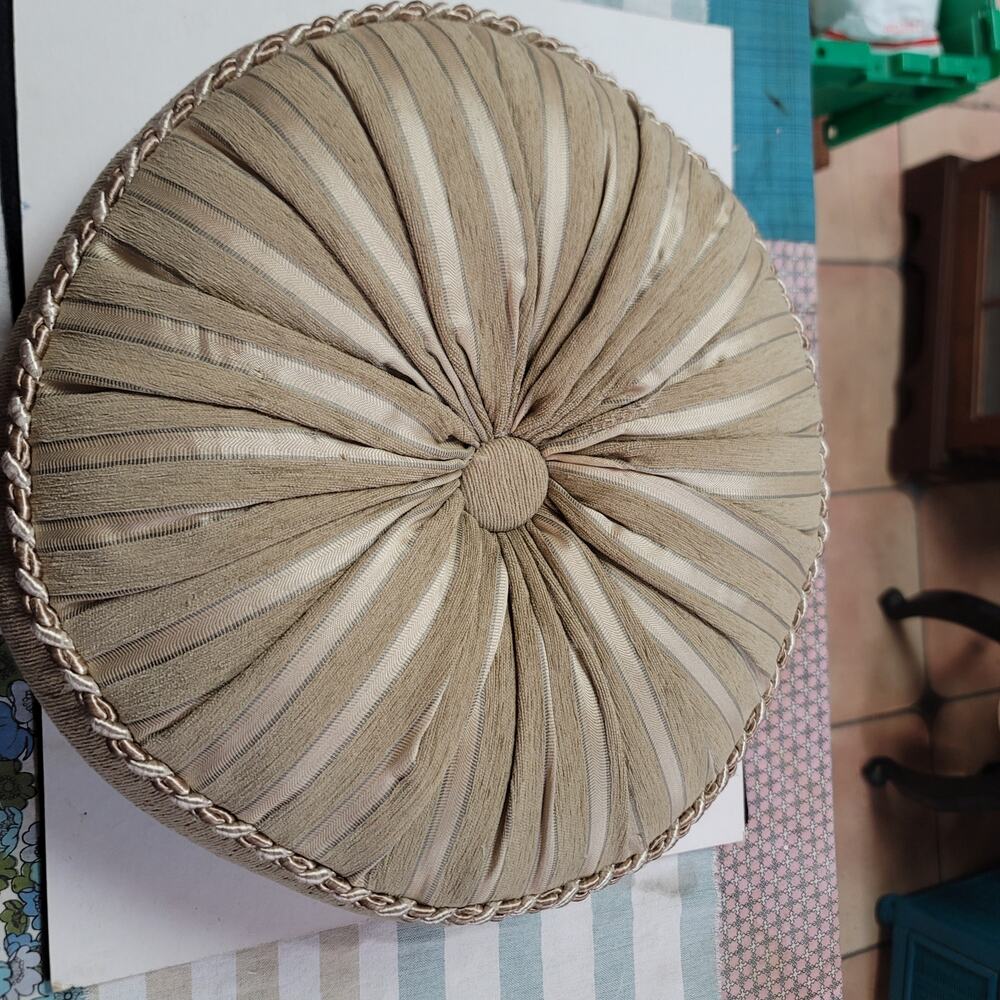 gold Beige floral striped Round tufted braided throw Pillow Decor boudoir style